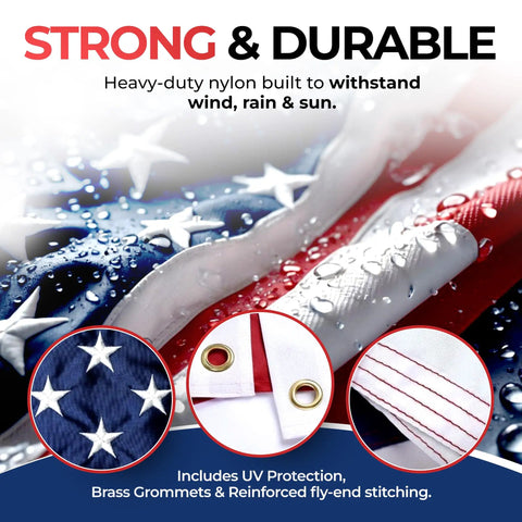 Heavy Duty Outdoor US Flag 3x5 Ft With Embroidered Stars Reinforced Material UV Protection Sewn Stripes Brass Grommets Built