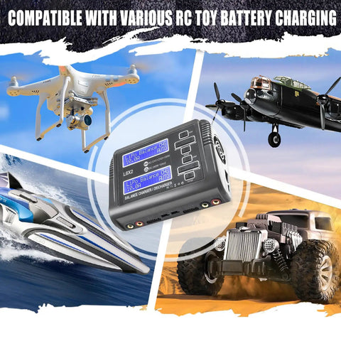 Two Channel RC Battery Charger and Discharger up to 240W 10A with RC car, drone, boat, and plane illustration