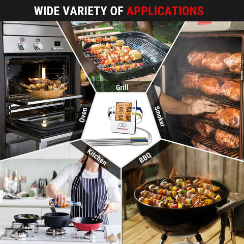 Wireless Meat Thermometer With Four Probes, 650 Ft Range, shown in use with grill, smoker, oven, and BBQ applications