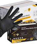 TitanFlex Heavy Duty Nitrile Gloves, black 8 mil; box of 1000; foreground shows a black textured glove and two display boxes.