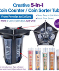 Product image of Ultimate 5 In 1 Coin Counter And Sorter Tube for US Coins emphasizing all-in-one design and coin tubes.