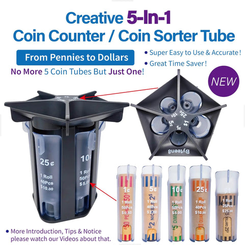 Product image of Ultimate 5 In 1 Coin Counter And Sorter Tube for US Coins emphasizing all-in-one design and coin tubes.