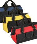 Three Pack Tool Bags For Electricians And Carpenters, Waterproof Hard Bottom, Built For Tough Jobs, Heavy Duty Wide Mouth Tote, 13 Inch.
