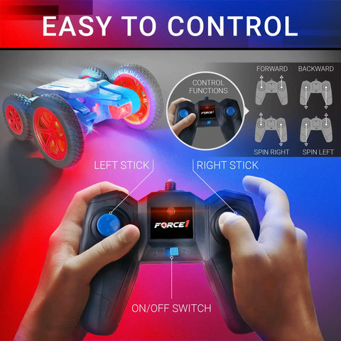 Hands holding remote for Tornado Red LED Remote Control Car For Kids, Double Sided Off Road 360 Flips 4WD Stunt RC Crawler.