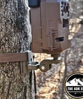 Universal Trail Camera Mount With Standard Camera Thread And 360 Degree Leveling Plus 180 Degree Tilt No Sweat Strap Rig attached to tree.