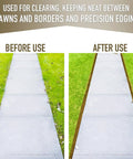 Side-by-side image of a sidewalk before and after using Saw Tooth Lawn Edger With T Grip Handle For Long Reach 38 Inch Half Moon Edging Tool