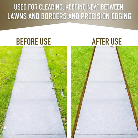 Side-by-side image of a sidewalk before and after using Saw Tooth Lawn Edger With T Grip Handle For Long Reach 38 Inch Half Moon Edging Tool