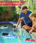 Family playing with 3 Pack High Speed RC Boats For Kids And Adults, 2.4G Remote Control Boats For Pool And Lake in garden pool.