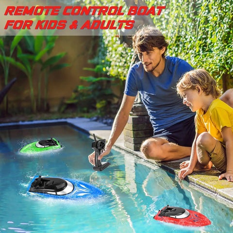 Family playing with 3 Pack High Speed RC Boats For Kids And Adults, 2.4G Remote Control Boats For Pool And Lake in garden pool.