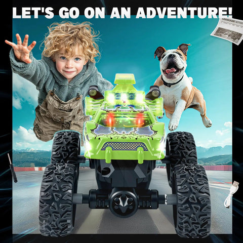 Green Monster Truck RC Car With 2.4GHz Remote 1 To 64 Scale Colorful Lights And Metal Body Shell 360 Spin And Auto Demo, child playing