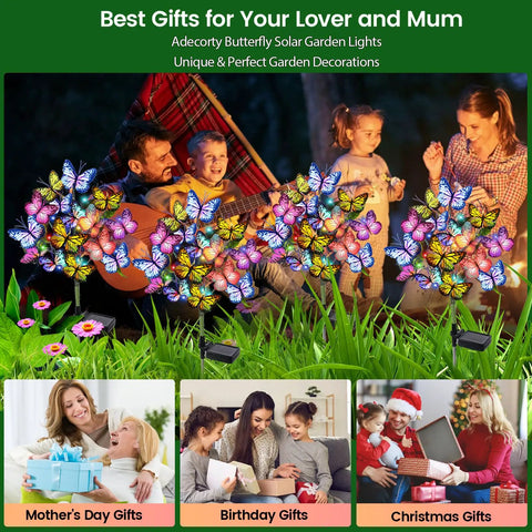 Family enjoying Solar Garden Lights Outdoor 2 Pack with 34 Butterflies and 44 LED Fairy Lights in a garden.