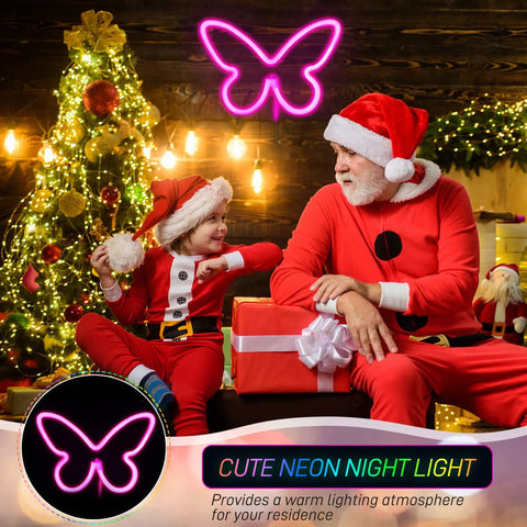 Two Pack Butterfly Neon Sign LED Light Wall Decor Pink Neon Butterfly Wall Art Powered By 3AA Batteries Or USB shown at Christmas