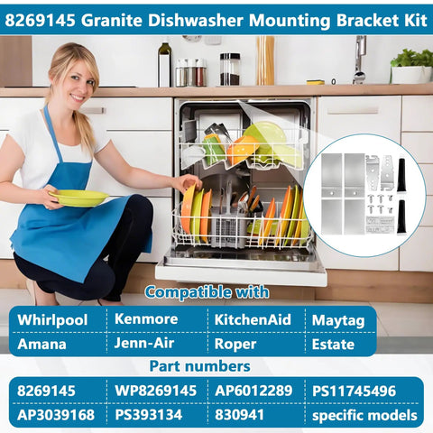 Straight Up Heavy Duty Dishwasher Mounting Bracket Kit For Granite Countertops With Stainless Bolts And Shims Compatible With Whirlpool Kenmore KitchenAid Replaces Wp8269145 Ps11745496 Makes Installing Solid Surfaces No Sweat 2 Pack displayed in a kitchen with a woman loading dishes