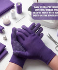 Two Pairs Of Quilting Gloves With PVC Anti Slip Dots In Purple For Free Motion Sewing Gardening And Outdoor Work Cut Resistant Berry Picking And Craft Projects One Size Fits Most shown being worn.