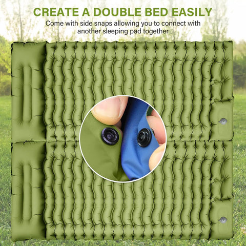 Ultralight Camping Sleeping Pad With Built In Pillow And Foot Pump, compact green with side snaps for double bed setup