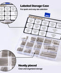 Front view of Manderson 185-pc stainless steel compression springs assortment kit in a labeled storage case.