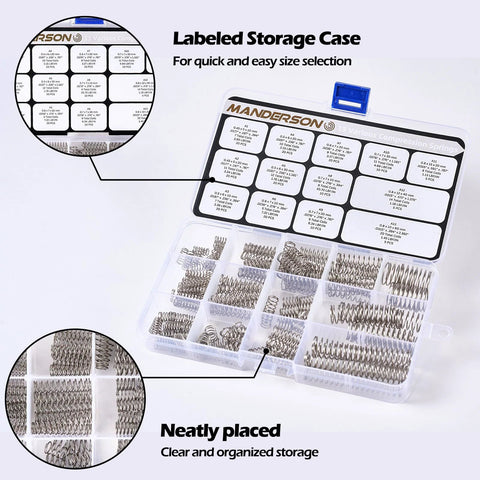 Front view of Manderson 185-pc stainless steel compression springs assortment kit in a labeled storage case.