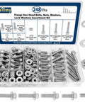 Open-top view of Vifmy 248-piece stainless 1/4-20 flange-head bolts kit with nuts, washers, and lock washers