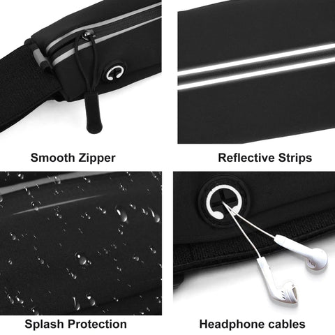 Waterproof Running Belt Fanny Pack for Men and Women with smooth zipper, reflective strips, splash protection, headphone cables