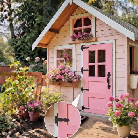 Garden playhouse with 4 Pack 5 Inch Antique Cast Iron T Hinges With Hardware on pink door, showcasing vintage black powder-coated charm.