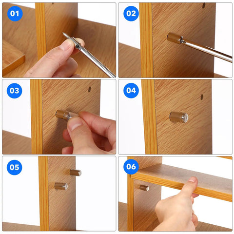 Steps to install Heavy Duty Iron Shelf Support Pegs 120 Piece Set for cabinets using self tapping pins on wood shelving