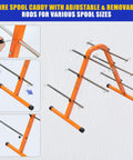 No Sweat Portable Wire Spool Rack And Cable Dispenser with adjustable removable rods for various spool sizes, orange steel design.