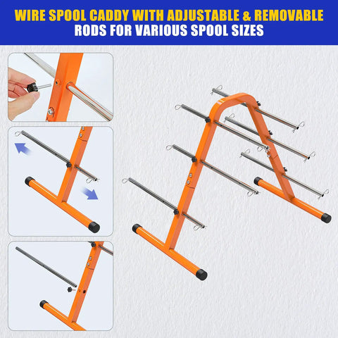 No Sweat Portable Wire Spool Rack And Cable Dispenser with adjustable removable rods for various spool sizes, orange steel design.