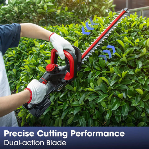 Person using Cordless Hedge Trimmer For 18V Battery, 22 Inch Dual Action Blade With Safety Lock, 1600 RPM, Red