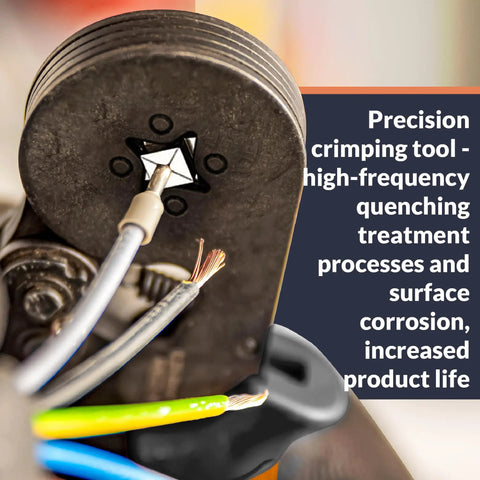 Close-up of Ferrule Crimping Tool Kit With Wire Crimper in use, showcasing tool's precision on electrical wire connectors.