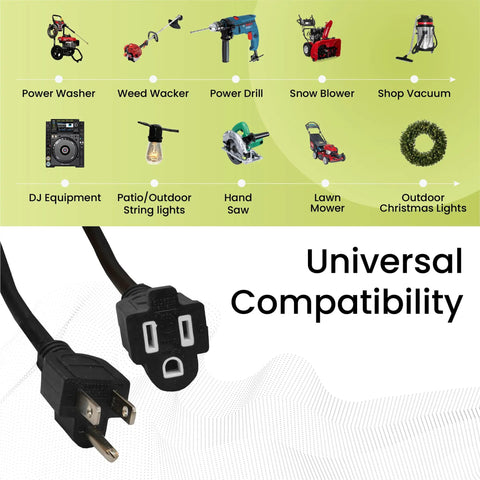 Beefy 15 Foot Outdoor Extension Cord 16/3 SJTW Black Weatherproof Contractor Grade Power Lead Compatibility for Tools and Gear