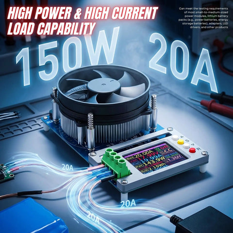 150W 20A Constant Current Electronic Load With USB Battery Tester and color display on a test bench