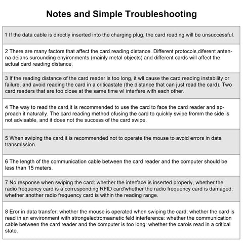 Image of troubleshooting notes for RFID readers detailing solutions for data transfer, reading distance, and card swiping issues.