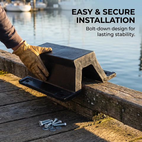 Installing Beefed-Up Rubber Dock Arch Protector With Bolt-Down Design for marinas, includes bolts for secure installation.