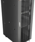 Top Tier Pro Rig 42U Server Rack Cabinet With Rolling Casters showcasing front view with honeycomb mesh doors and locking mechanism in black.
