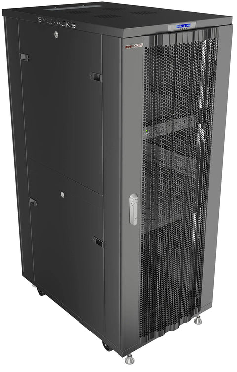 Top Tier Pro Rig 42U Server Rack Cabinet With Rolling Casters showcasing front view with honeycomb mesh doors and locking mechanism in black.