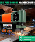 1380W Portable Magnetic Drill Press Low Profile Mag Drill Machine With 3/4" Annular Cutter Powerful 680Rpm Steel Job Site Tool For Industrial Metalworking Professionals with drill base and sparks.