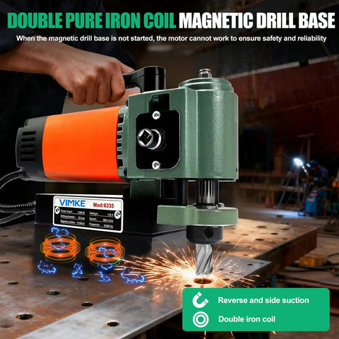 1380W Portable Magnetic Drill Press Low Profile Mag Drill Machine With 3/4" Annular Cutter Powerful 680Rpm Steel Job Site Tool For Industrial Metalworking Professionals with drill base and sparks.