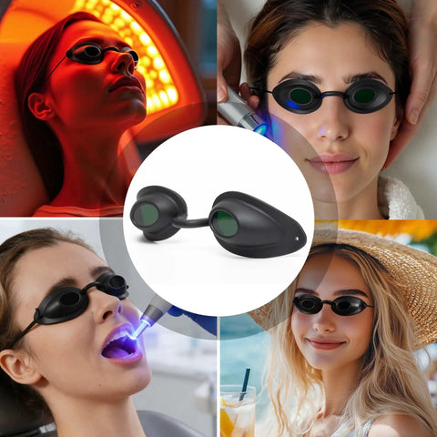 Smoother Fit Ipl Goggles With Hella Durable Uv Eye Protection For Salon Skin Therapy And Beauty Hair Removal Blocks Intense Light Up To Two Thousand Nm Easy Adjust Strap And Zipper Case Included Green, showing various angles of use.
