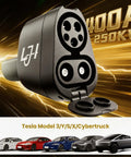 Heavy Duty Ccs And J1772 To Tesla Adapter For Level 1 2 3 Charging Stations, close-up view of dual port charging connector for fast charging.