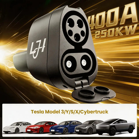 Heavy Duty Ccs And J1772 To Tesla Adapter For Level 1 2 3 Charging Stations, close-up view of dual port charging connector for fast charging.