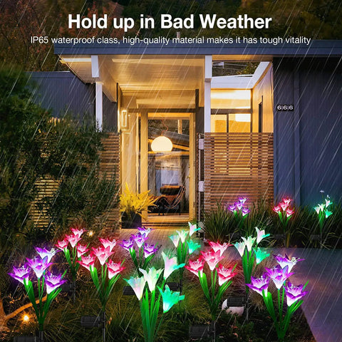 4 Pack Outdoor Solar Lights With Bigger Lily Flower Designs illuminated in garden, showcasing 7 color changing LEDs at night.