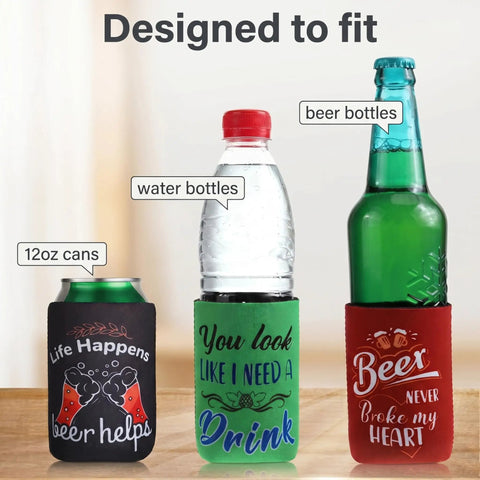 Snag This Awesome Bulk Set Of Eight Different Funny Quote Insulated Neoprene Can Coolers That Collapse For Easy Storage Great For Keeping Your Soda And Beer Cans Cold At BBQs Parties And More shown with 12 oz can, water bottle, and beer bottle inside.