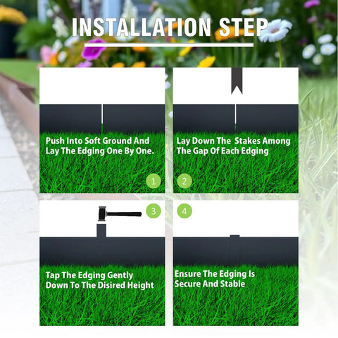 Installation steps for Heavy Duty Galvanized Steel Landscape Edging Kit With Six Stakes For Lawn And Garden Borders, 20 Ft Total Length