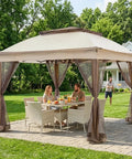 11x11 Pop Up Gazebo With Mesh Netting For Quick Setup Instant Outdoor Canopy Tent Water Resistant Shelter With UPF 50+ UV Protection 121 Sq Ft Coverage Beige Portable Backyard Party Shade