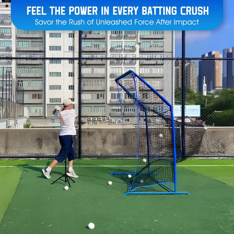 7x7 FT Baseball Softball Hitting Cage With All Angle Containment Metal Frame Elevated Base Central Target Pocket For Batting Pitching And Fielding Includes Storage Bag For Backyard Indoor Outdoor Training set up in a city rooftop setting, with blue nets and a batter practicing swings.