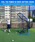 Person batting baseball next to All Angle Baseball Softball Batting Cage With Blocking System 6x6ft for pitching and fielding.