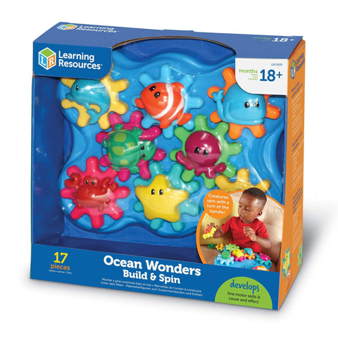 Ocean Wonders Build And Spin Gears Toy Set packaging with colorful gears and sea creatures, 17 pieces for kids 18 months and up