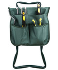 Heavy Duty Folding Garden Kneeler Seat Bench with thick kneeling pad, large tool pouch, includes gardening tools, view from front