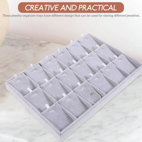 Large Grey Velvet Jewelry Tray With 18 Grid Dividers For Necklace And Watch Storage Soft Lined Organizer Dish, showing arranged velvet compartments.