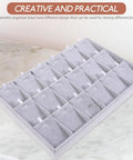 Super Smooth Large 18 Compartment Velvet Jewelry Storage Tray With Handy Necklace And Watch Display Pad Totally Organized For Craft Sessions And Stylish Desk Vibes placed on a marble surface with a ring visible.